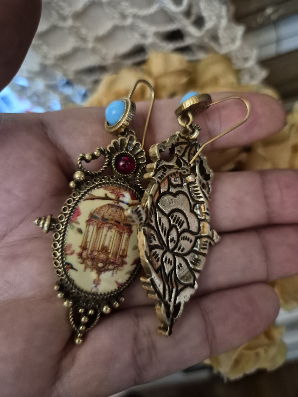 Antique-Style Yellow Cameo Drop Earrings with Red and Turquoise Accents - Picture 5 of 6
